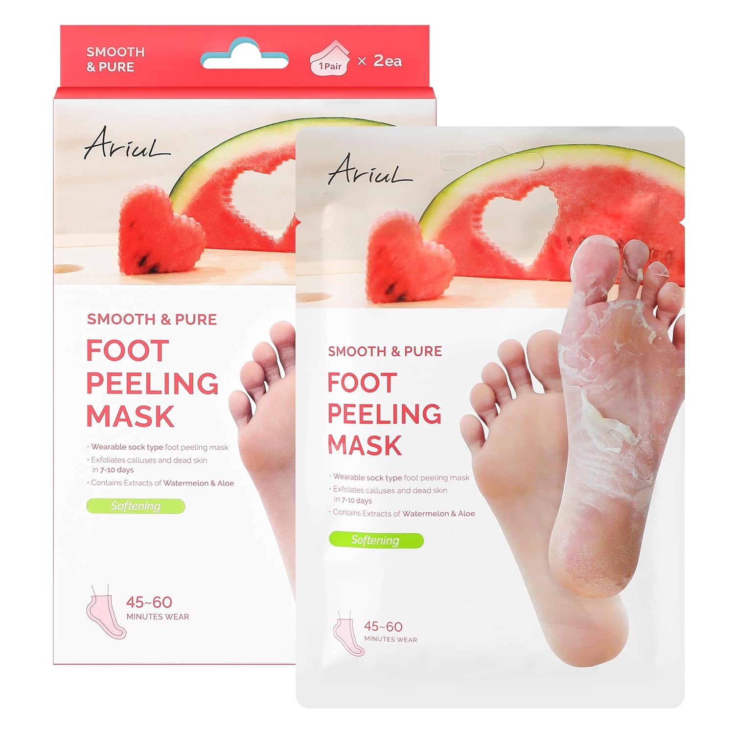 Ariul Smooth & Pure Softening Watermelon Foot Peeling Mask, Gentle Exfoliating Booties for Dead Skin and Calluses, 1 Pair